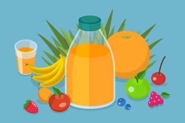 3D Isometric Düz Vektör Meyve Suyunun Kavramsal İllüstrasyonu, Doğal Böğürtlen Harmanı.