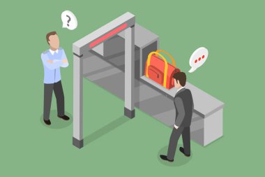 3D Isometric Flat Vlat Vector Bagaj Taramasının Kavramsal İllüstrasyonu, Havayolu Ulaşım Güvenliği