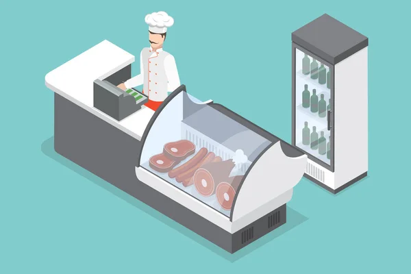 肉店柜台的3D等量平面病媒概念图解 — 图库矢量图片