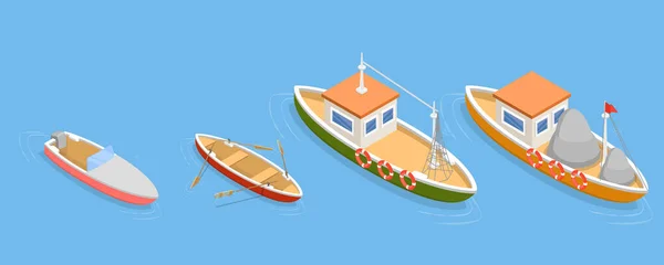Conjunto Vetores Planos Isométricos Barcos Embarcações Transporte Água — Vetor de Stock