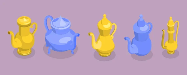 阿拉伯茶壶三维等距平面矢量集 传统东方壶A — 图库矢量图片