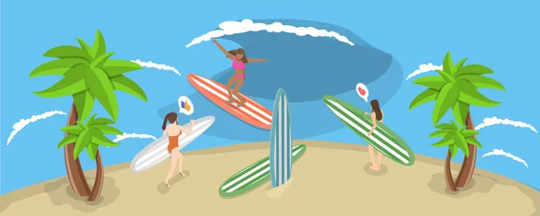 冲浪女孩的3D等距平面矢量概念图 棕榈树海滩上的冲浪板 — 图库矢量图片