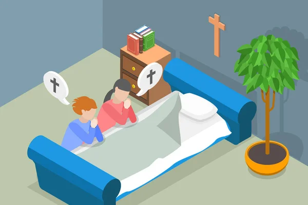 Isometric Flat Vector Conceptual Illustration Praying Kids Bedtime Christianity Religion — Stock Vector