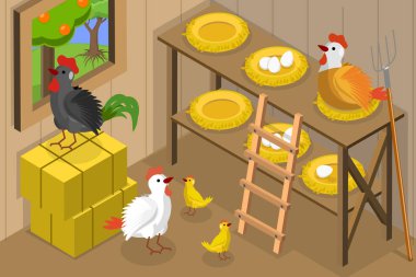 3 Boyutlu Isometric Düz Vektör Kavramsal Tavuk Ahırı, Çiftlikteki Tavuk Evi