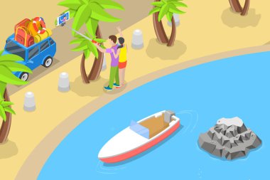 3D Isometric Düz Vektör Tatil, Seyahat ve Turizmin Kavramsal İllüstrasyonu