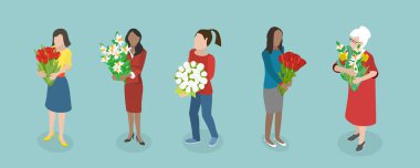 3 Boyutlu Isometric Düz Vektör Buketler Kümesi, Mutlu Kadınların Çiçek Tutuşu