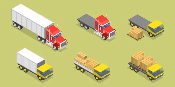 Isometric Flat Vector Set Trucks Commercial Delivery Vehicles — Stock Vector