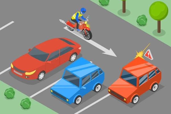 3Dアイソメトリックフラットベクトルの概念図リアエンドヒット オートバイ衝突 — ストックベクタ