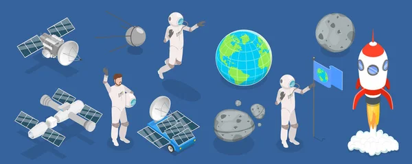 Isometric Flat Vector Set Space Elements Items Space Universe Exploration — 스톡 벡터