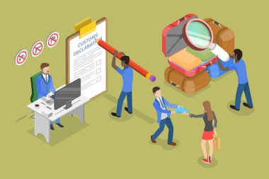 3D Isometric Flat Vlat Vector Havalimanı Güvenlik Kontrol Noktası, Gümrük Denetimi