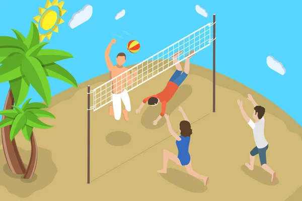Isometric Flat Vector Conceptual Illustration Beach Volleyball Outdoor Summer Activities — Stock Vector