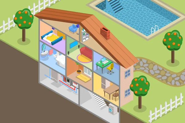 3Dアイソメトリックフラットベクトル現代エネルギー効率の家の概念図 革新的なホーム技術 — ストックベクタ