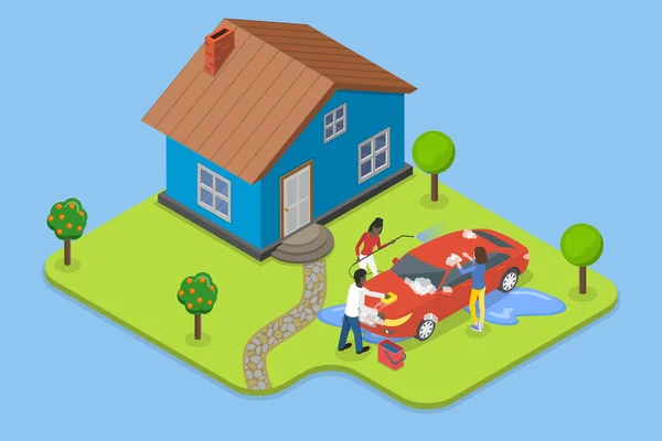 Ισομετρική Επίπεδη Διανυσματική Εννοιολογική Απεικόνιση Του Οικογενειακού Καθαρισμού Αυτοκινήτων Πλυντήριο — Διανυσματικό Αρχείο