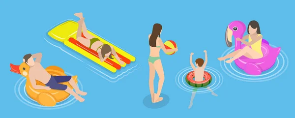 Isometric Flat Vector Conceptual Illustration Summer Pool Activities Beach Resort — Stock Vector