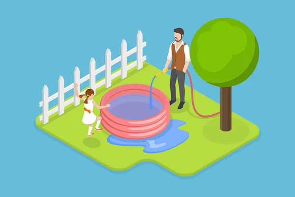Isometric Flat Vector Conceptual Illustration Kids Backyard Pool Zabawy Świeżym — Wektor stockowy