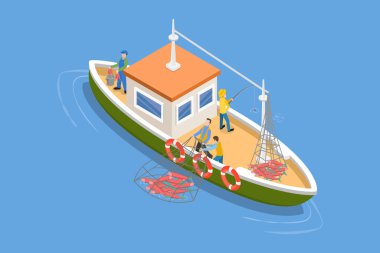 Ticari Balıkçılığın 3 boyutlu Isometric Düz Vektör İllüstrasyonu, Balık Ağlı Balıkçı Gemisi