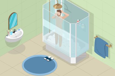 3D Isometric Düz Vektör: Duş alan Kişinin Kavramsal İllüstrasyonu, Sabah Rutini