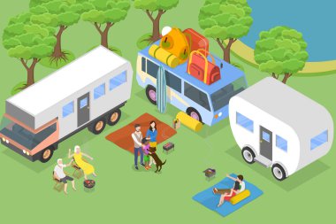 3D Isometric Düz Vektör Karavan Kampı Kavramsal İllüstrasyonu, Eğlence Araçları Kampı