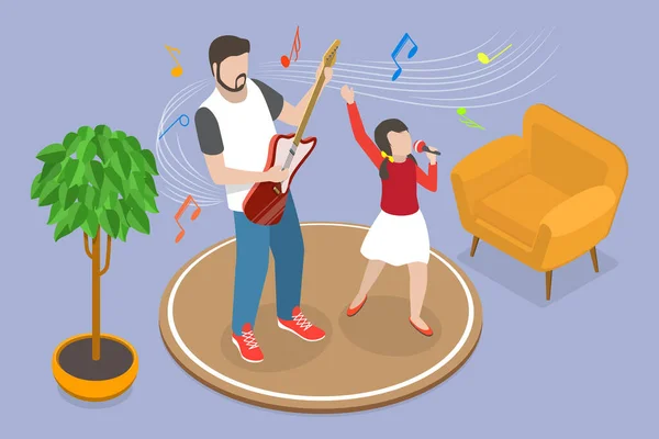 Isometric Flat Vector Conceptual Illustration Family Concert Father Son Playing — 스톡 벡터