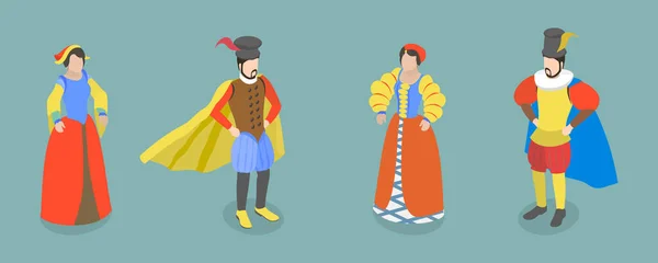 Serie Piatta Isometrica Personaggi Rinascimentali Persone Medievali — Vettoriale Stock