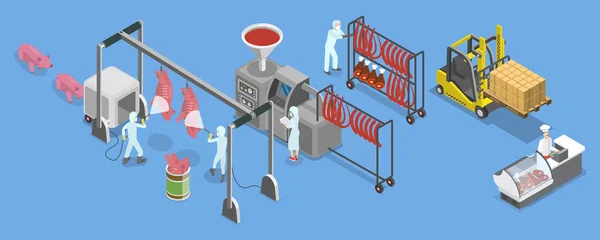 Izometrikus Lapos Vektor Sertéshústermelés Koncepcionális Illusztrációja Nyers Hús Feldolgozása — Stock Vector
