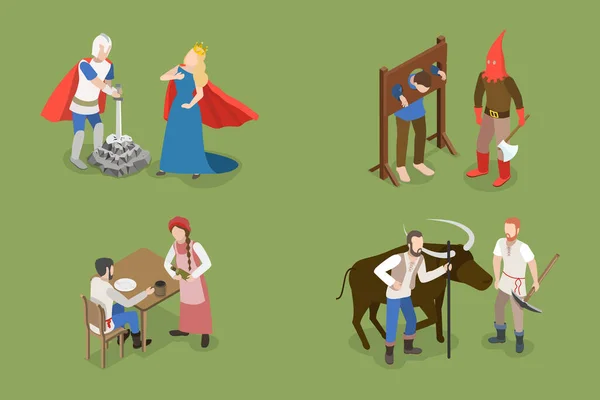 Set Vettoriale Piatto Isometrico Persone Medievali Personaggi Storici — Vettoriale Stock