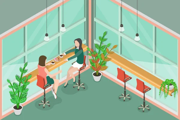 三维空间等距平面矢量对一起进餐女性的概念说明 咖啡屋室内 — 图库矢量图片