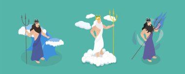 3D Isometric Düz Vektör Antik Mitoloji Kahramanları, Zeus, Poseidon ve Hades 'in Kavramsal İllüstrasyonu