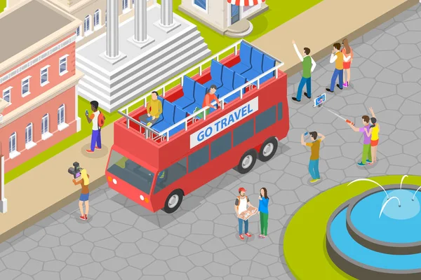 Ilustração Conceitual Vetor Liso Isométrico Ônibus Turístico Decker Dobro Vermelho —  Vetores de Stock