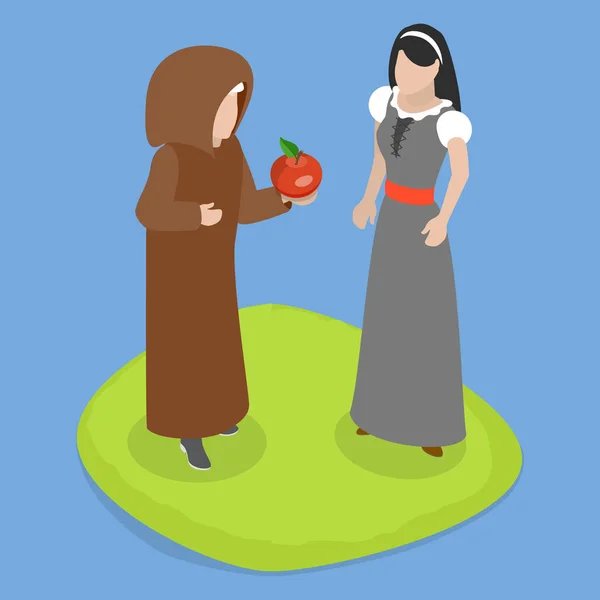 Isometric Flat Vector Conceptual Illustration Snow White Getting Apple Old — 스톡 벡터