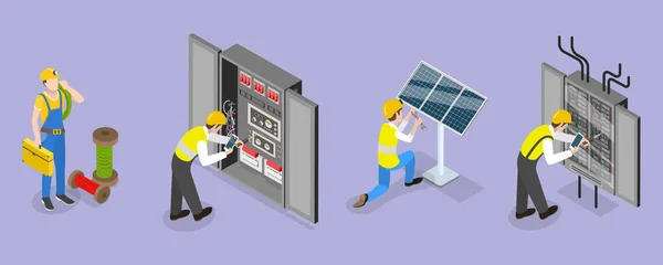 Isometryczne Płaskie Wektor Koncepcyjny Ilustracja Dostaw Energii Elektrycznej Pracownicy Elektryczności — Wektor stockowy