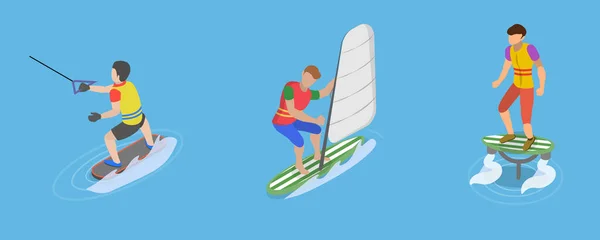3Dアイソメトリックフラットベクトル エクストリームウォータースポーツの概念的なイラスト 夏のビーチアクティビティ — ストックベクタ