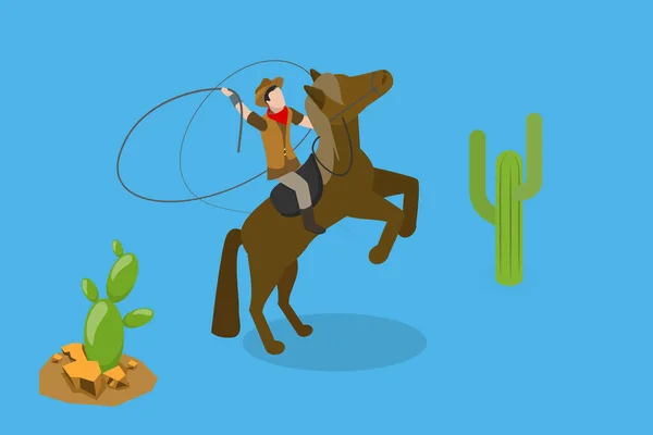 3Dアイソメトリックフラットベクトル野生の西の概念的なイラスト 馬に乗るロデオカウボーイ — ストックベクタ