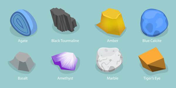 3D изометрический векторный набор каменных минералов, природных драгоценных камней