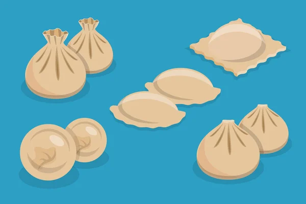 Conjunto Vetores Planos Isométricos Dumplings Soma Dim Alimentos Asiáticos —  Vetores de Stock