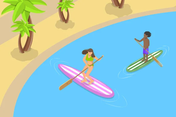 Isometric Flat Vector Conceptual Illustration Sup Surfing Stand Paddling — 스톡 벡터
