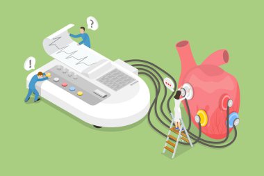 3B Isometric Düz Vektör Elektrokardiyogramın Kavramsal İllüstrasyonu, ECG Makinesi, Sağlık ve Tıp