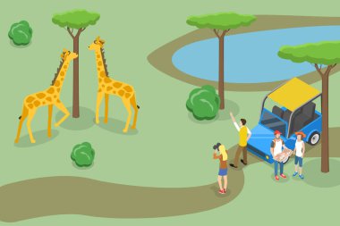 3D Isometric Düz Vektör Safari Kavramsal İllüstrasyonu, Tropikal Turizm, Egzotik Rekreasyon