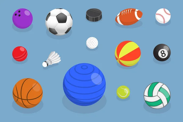 Isometrische Platte Vectorset Van Diverse Sportballen Game Inventory — Stockvector