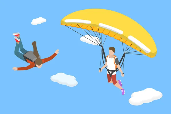 Isometric Flat Vector Conceptual Illustration Parajumping Parachute Skydivers — 스톡 벡터