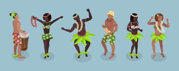 Isometric Flat Vector Set Hawaiian Dancers Characters Polynesian Costume — Stock Vector