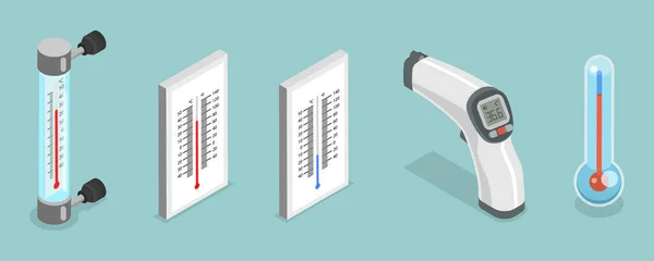 Isometrische Platte Vectorset Van Thermometers Temperatuurmeting Binnen Buiten Gezondheidscontrole — Stockvector