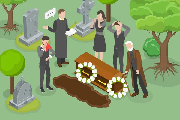 3Dアイソメトリックフラットベクトル葬儀の概念イラスト 葬儀を開催司祭 — ストックベクタ
