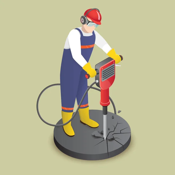 Isometric Flat Vector Icon Construction Worker Drilling Jackhammer — Stock Vector