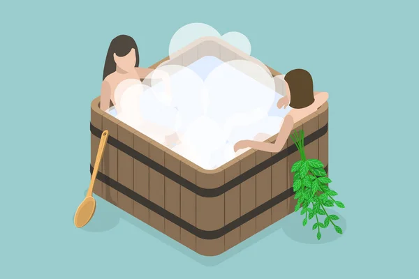 日本温泉 放松疗法 热蒸汽浴保健的三维等距平面矢量概念说明 — 图库矢量图片