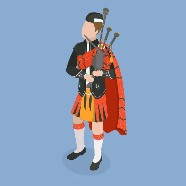 Ισομετρική Επίπεδη Διανυσματική Εικόνα Της Σκωτίας Bagpiper Χαρακτήρας Εθνικά Ρούχα — Διανυσματικό Αρχείο