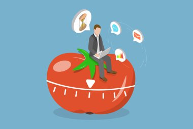 3D Isometric Düz Vektör Pomodoro Tekniğinin Kavramsal İllüstrasyonu, Zaman Yönetimi