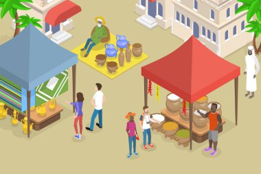 3D Isometric Flat Vlat Vektör Arap Çarşısının Kavramsal İllüstrasyonu, Orta Doğu Sokak Ticareti
