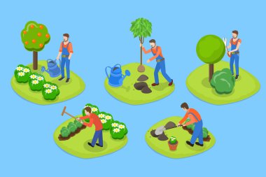 3B Isometric Düz Vektör Bahçe Peyzaj İşçisi, Arka Bahçe Peyzaj Çizimi