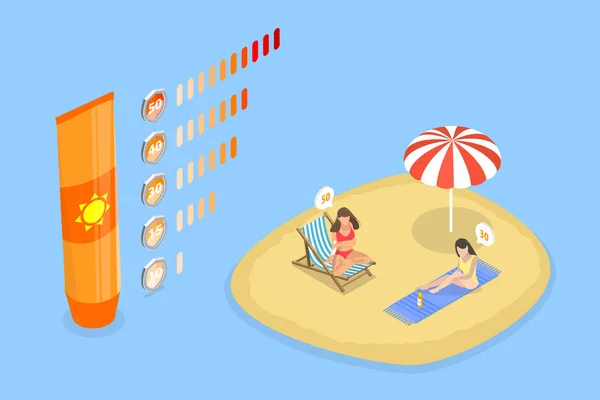 Isometric Flat Vector Conceptual Illustration Spf Protection Infographics Sun Care — 스톡 벡터